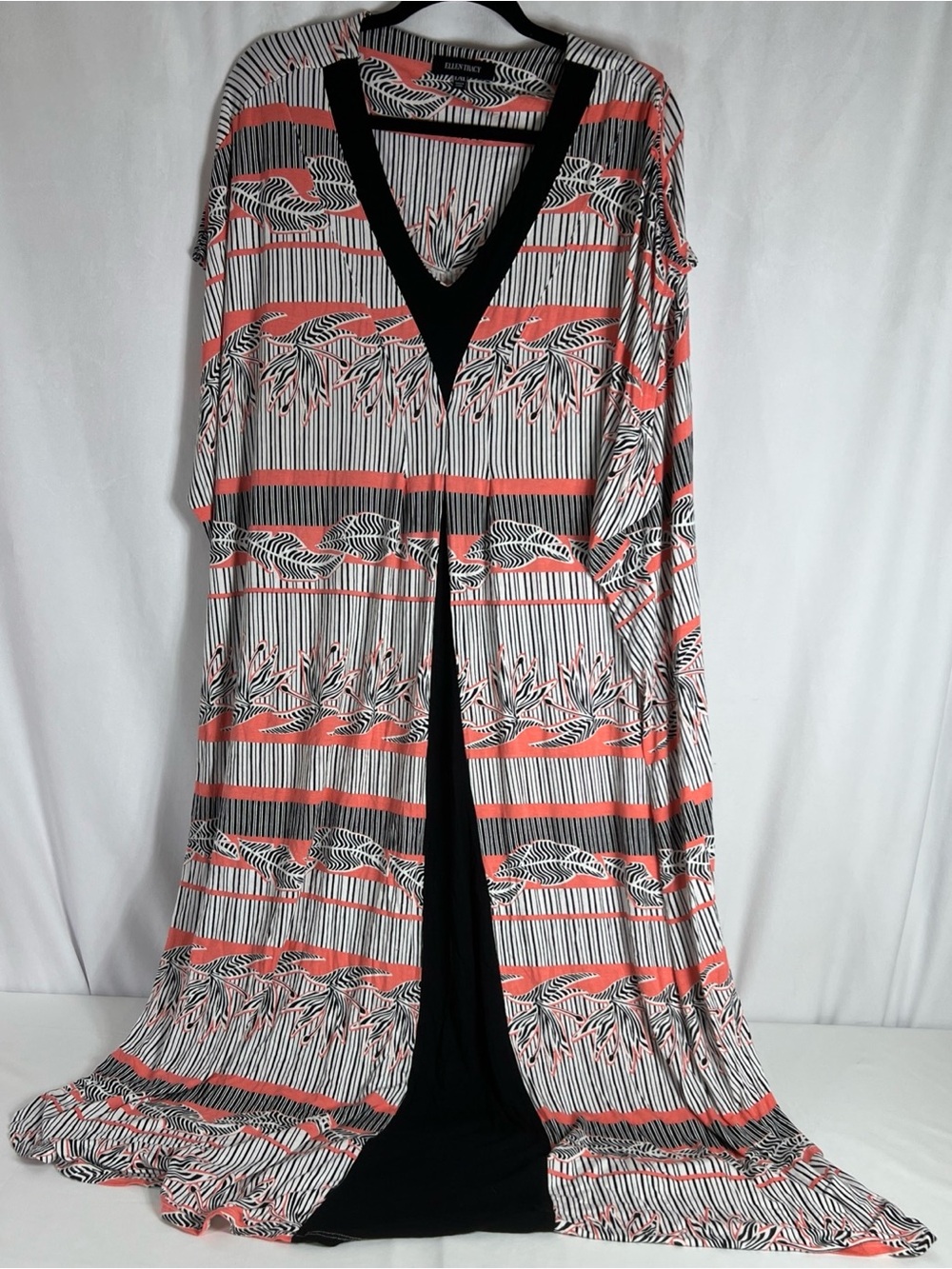 Ellen Tracy Women's L/XL Coral Black V-Neck Cap Sleeve A-Line Maxi Kaftan Dress